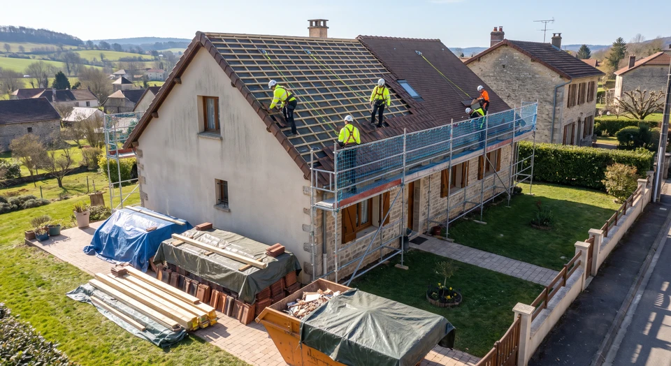 Chantier de construction résidentielle en cours avec ouvrier effectuant des travaux de toiture